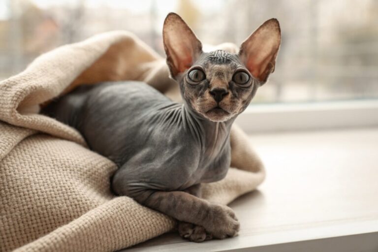 gato sphynx bebé enrolado em manta com cabeça de fora